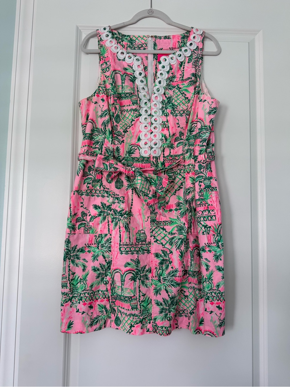 Lilly Pulitzer Pink Green Tropical Belted Dress White Trim Size 14